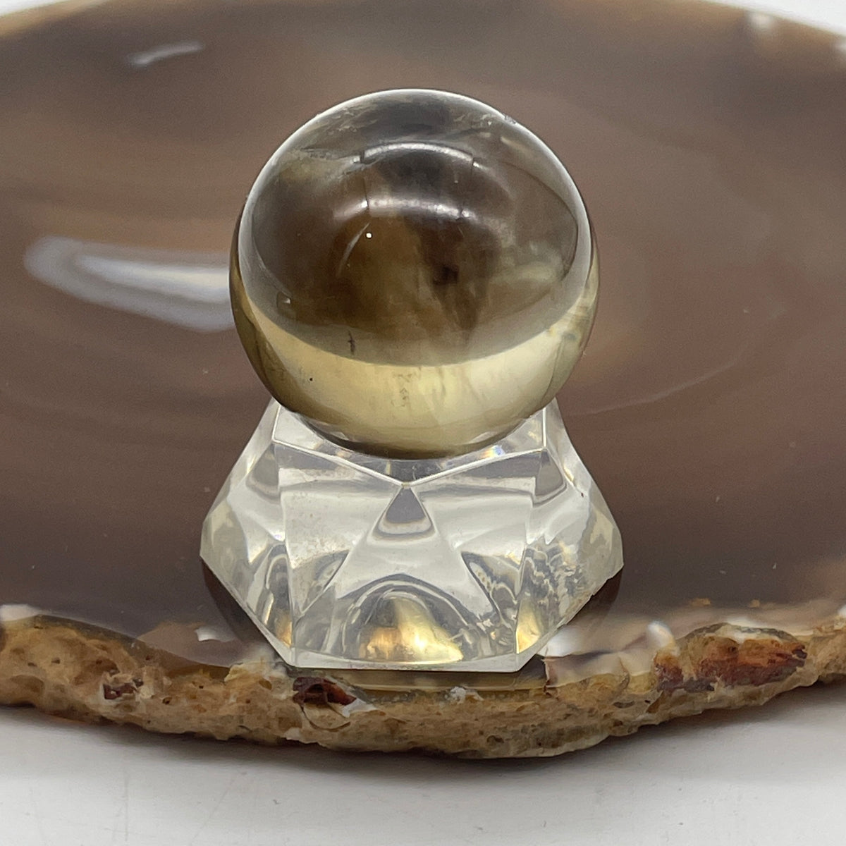 Natural Smoky Quartz Mini Sphere Ball with Clear Acrylic Stand Display | (38.78g | 28.0mm | 39.7mm | Anchor, Stress Dissolver & EMF Shield, 360° Energy Harmonizer & Feng Shui Grounding Catalyst)