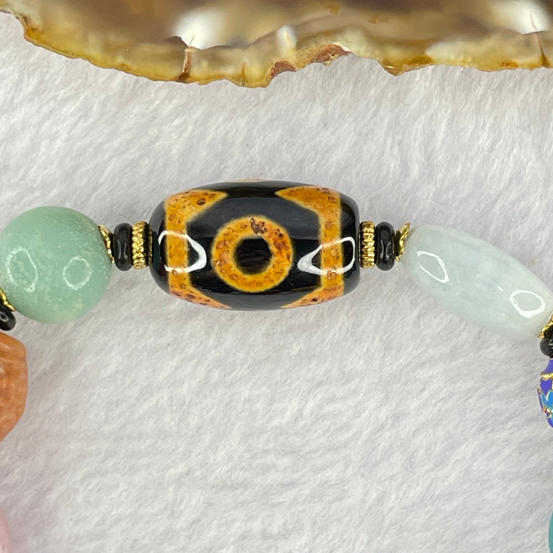 Muti Treasure with Tibetan Old Oily Agate Dzi Beads 3 Eye with Natural Crystals Beads Bracelet 37.56g 16.5cm 21.8 by 13.5mm, 11.2 by 11.7mm, 9.8 by 10.3mm - Huangs Jadeite and Jewelry Pte Ltd