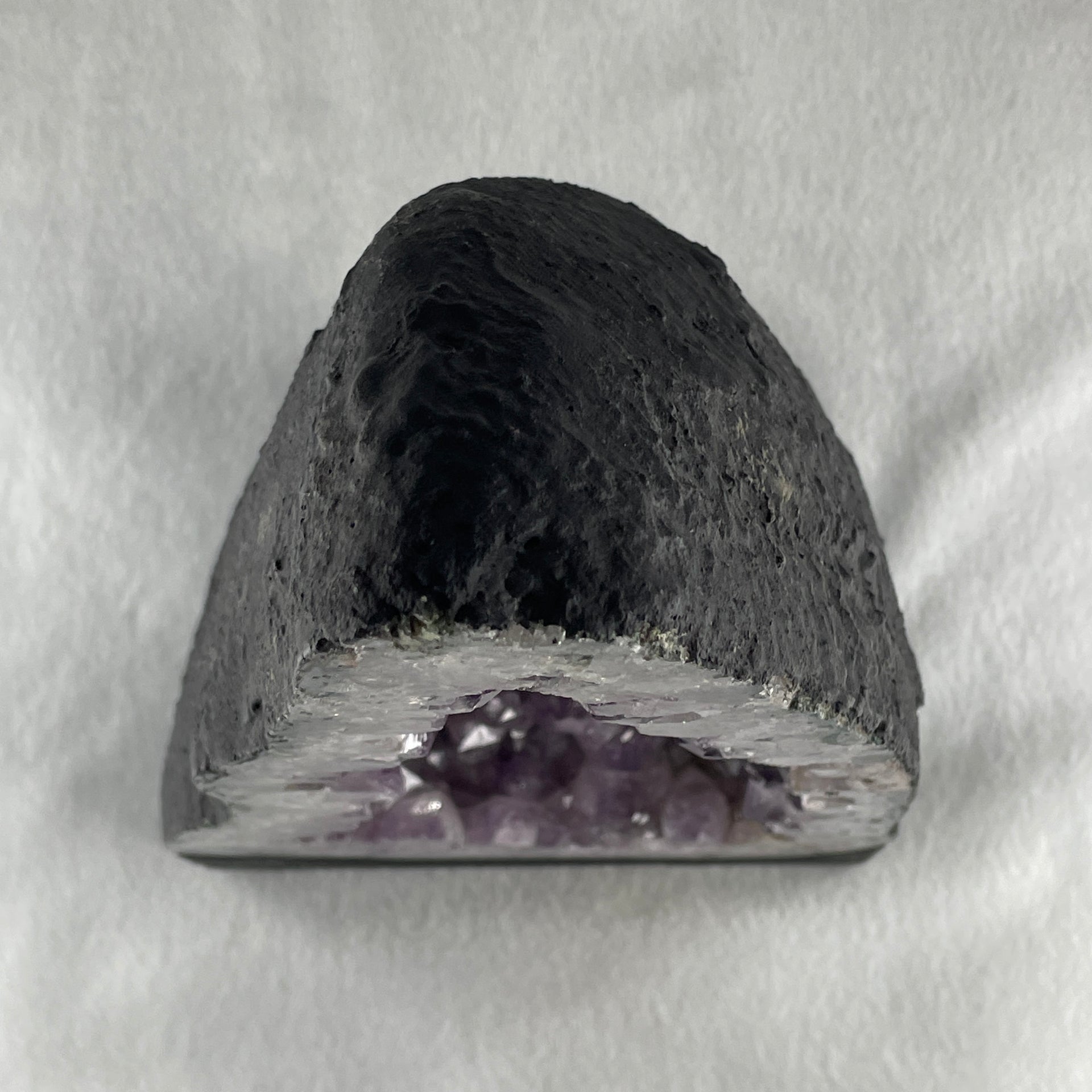 Natural Triangular Shape Amethyst Cave with Wooden Display 4,756.5g 200.0 by 170.0 by 295.0mm - Huangs Jadeite and Jewelry Pte Ltd
