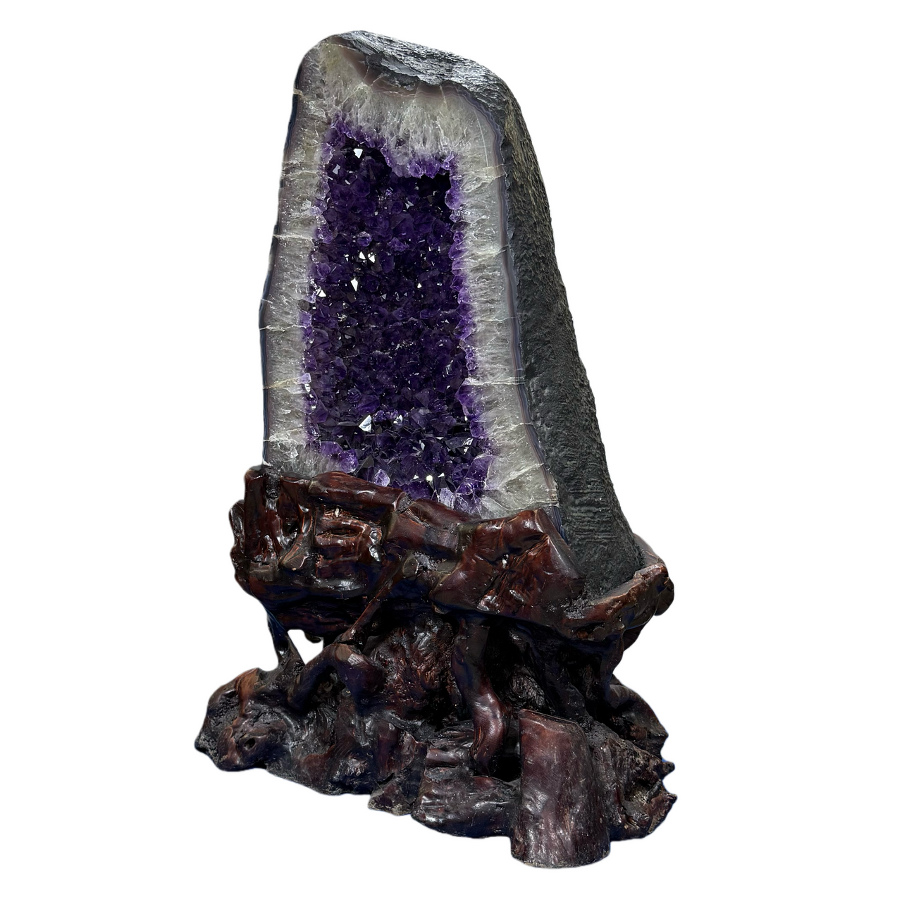 Natural Amethyst Rectangular Shape Cave (31,526.0g) with Wooden Stand Display Total Weight 38,526.0g 420.0 by 315.0 by 610.0mm - Huangs Jadeite and Jewelry Pte Ltd
