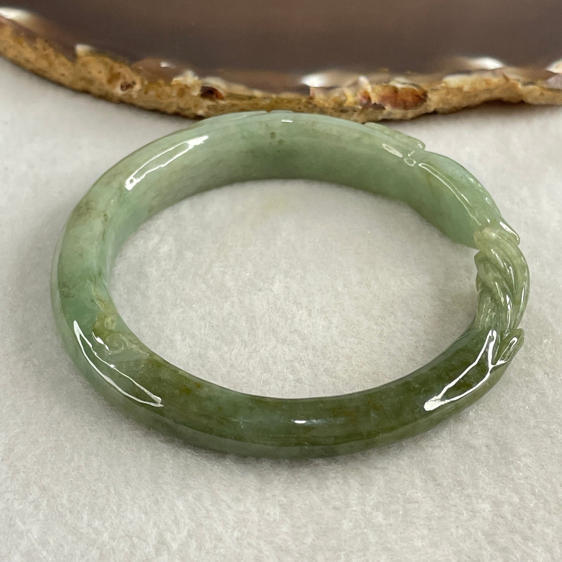 Type A Green with Dark Green Piao Hua Jadeite 9 Tail Fox Bangle Internal Diameter 55.6mm 41.22g 12.5 by 8.4mm (Internal Lines) - Huangs Jadeite and Jewelry Pte Ltd