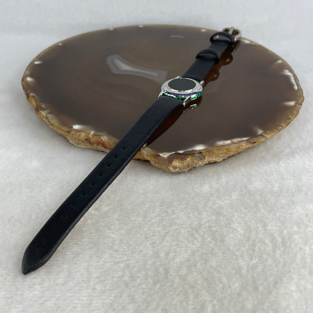 Type A Fully Translucent Black Omphacite Jadeite Round "Wu Shi Pai" Bracelet | Solid S925 Sterling Silver Setting | 13-16cm Genuine Leather Strap | 13.8x2.0mm "Imperial Ink" Safe Journey Talisman (12.21g)