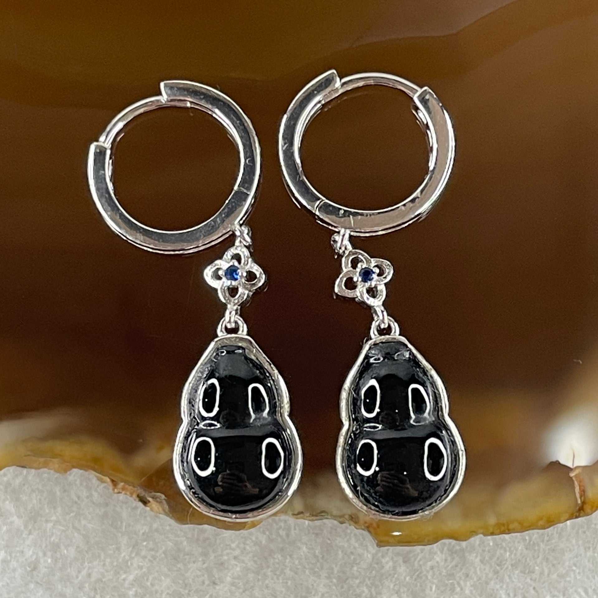 Type A FullyTranslucent Black Omphacite Jadeite Hulu 12.0 by 7.4 by 2.5mm with Cubic Zirconia in S925 Silver Earrings 4.30g - Huangs Jadeite and Jewelry Pte Ltd