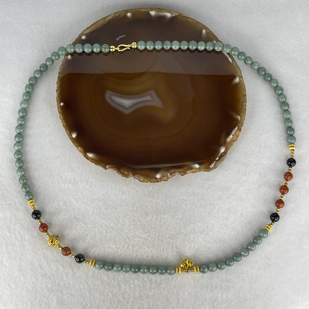 Natural Type A Green, Red & Black Jadeite Beads Necklace with Carved Charm | 64cm 68 Beads 7.5mm (63.58g | Supreme Grounding, Heart Vitality & Elemental Shield)