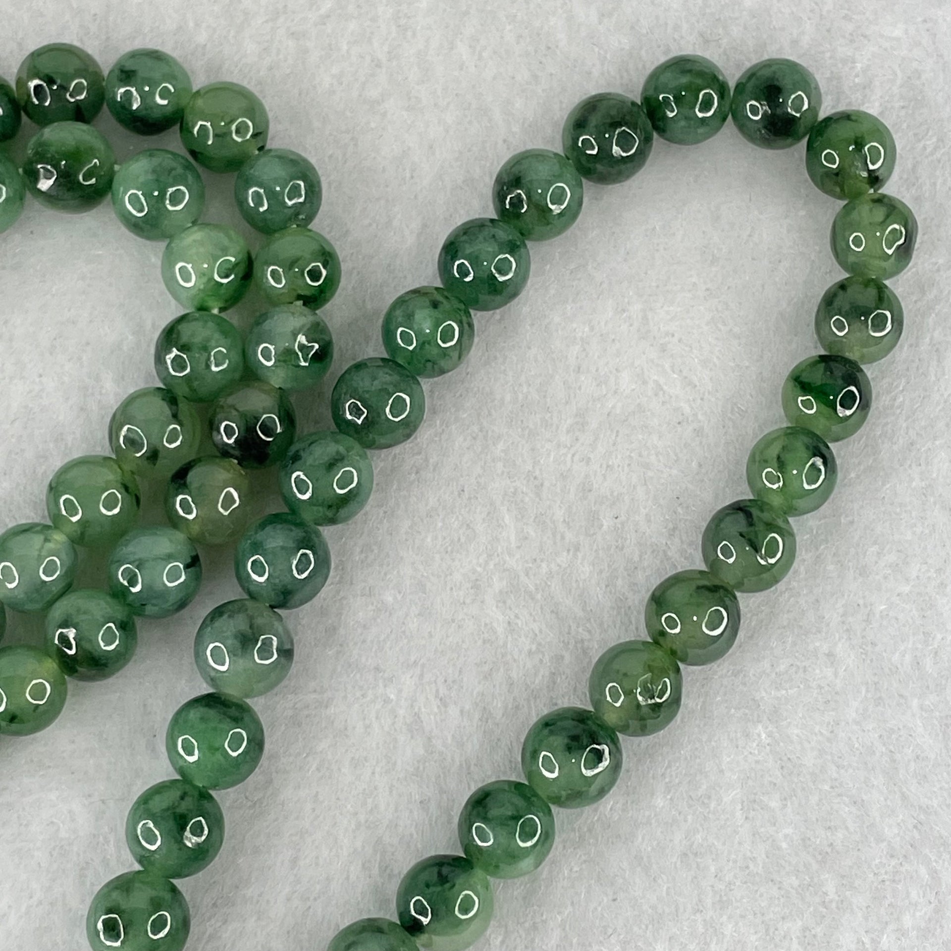 Type A Green with Dark Green Piao Hua Jadeite Beads Necklace 70.43g 76cm 7.5mm 108 Beads - Huangs Jadeite and Jewelry Pte Ltd