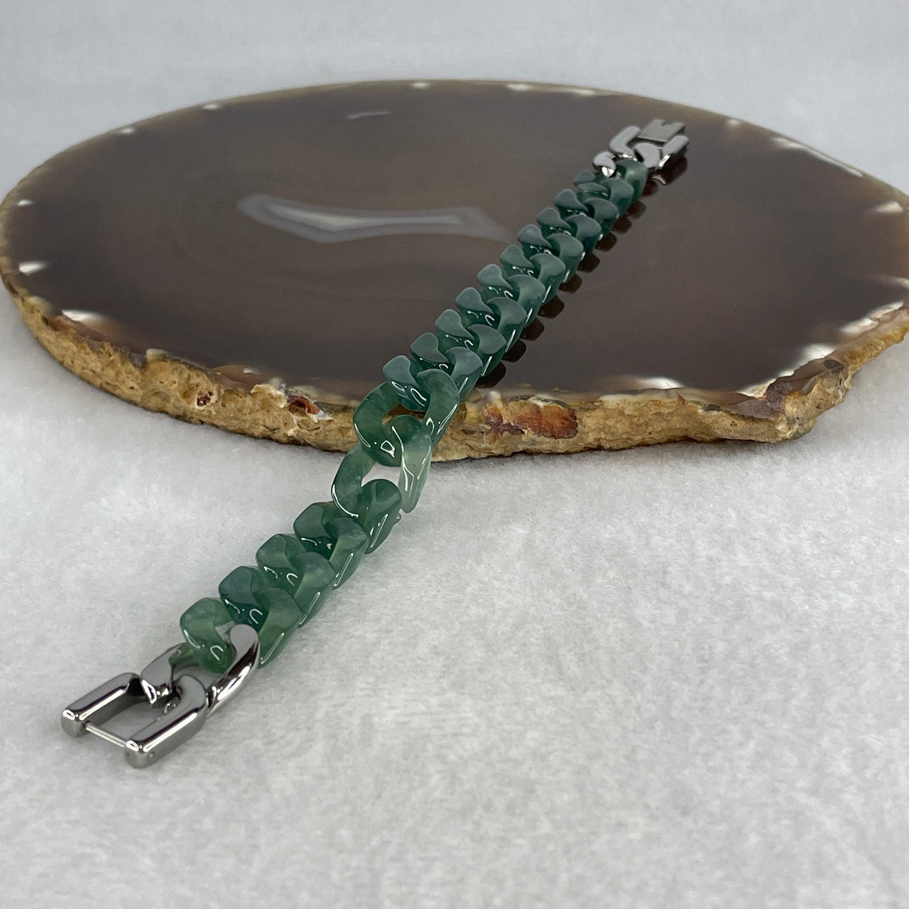 Certified Natural Type A Icy Blueish Green Jadeite Cuban Tennis Bracelet with Stainless Steel Clasp 24.88g Up to 17cm 11.7 by 3.4mm 16 Pcs