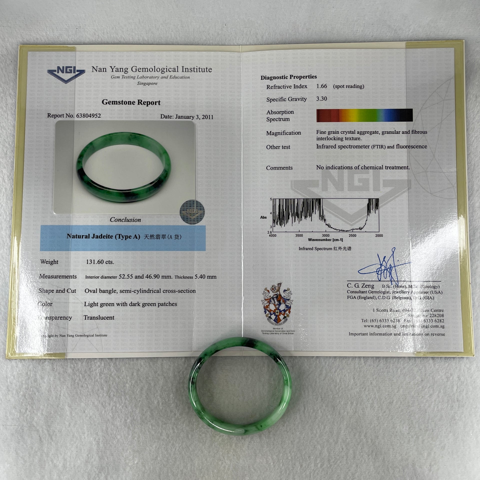 Type A Natural Old Mine Spicy Green with Dark Green Piao Hua Flora Jadeite Oval Bangle 26.28g 131.60cts Inner Diameter 52.55mm 46.90 by 5.40mm with NGI Cert 63804952 (Very Very Slight Internal Lines) - Huangs Jadeite and Jewelry Pte Ltd