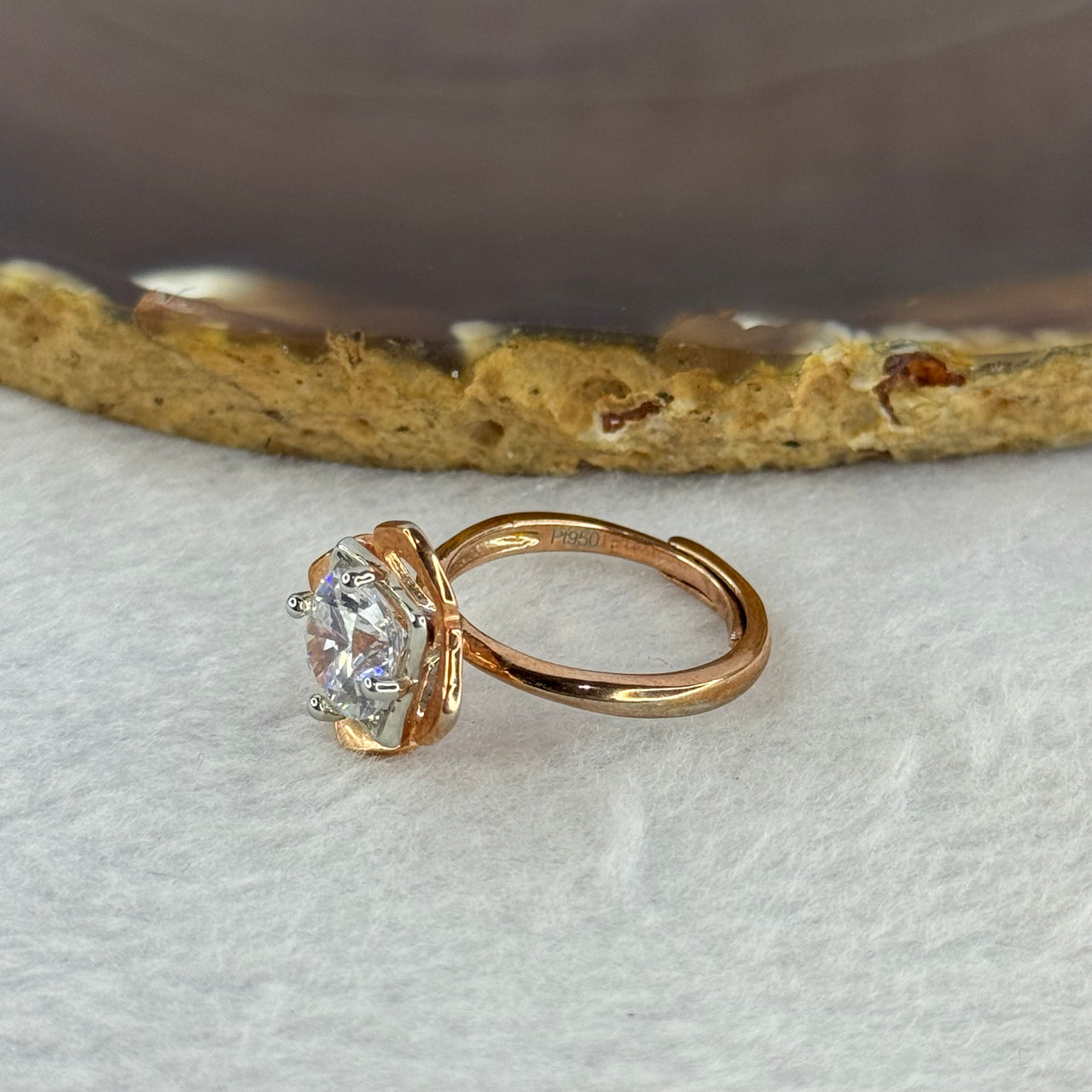 Moissanite in PT950 Plated 925 Sliver in Rose Gold Color Ring (Adjustable Size) S925银莫桑石戒指 3.23g 8.1 by 6.5 - Huangs Jadeite and Jewelry Pte Ltd