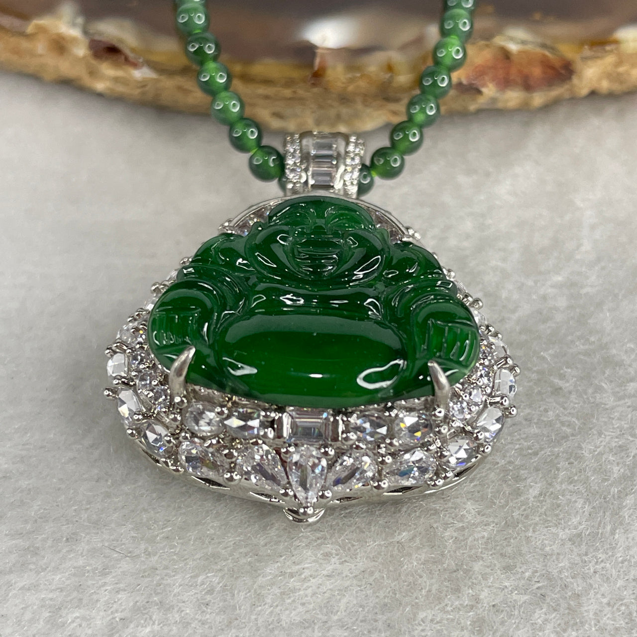 Certified Natural Type A Icy Deep Green Omphacite Jadeite Milo Buddha Pendant Necklace | Solid S925 Sterling Silver | 17.6x22.4x4.2mm "Imperial Ink" Translucent Laughing Buddha Amulet (20.34g)