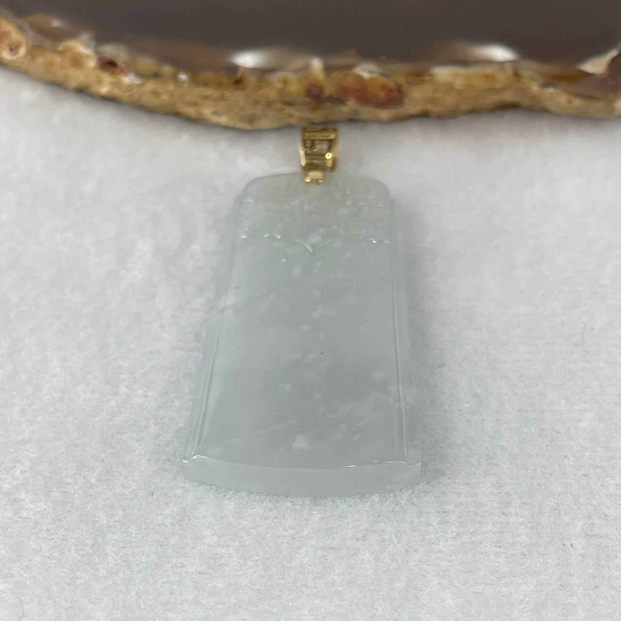 Natural Type A Semi-Icy Faint Lavender to Colorless Jadeite Wu Shi Pai Pendant | Guarded Mythological Mystical Beast Relief | Solid 18K Yellow Gold Clasp | "Sovereign Peace" Shielding Plaque (15.69g 48.4x24.1x4.8mm)