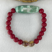 Natural Powerful Tibetan Old Oily Agate 2 Nectar Vessel Dzi Bead Heavenly Master (Tian Zhu) 38.1 by 13.2mm with Natural Red Agate Beads Bracelet 24.23g 15cm 8.0mm 17 Beads - Huangs Jadeite and Jewelry Pte Ltd
