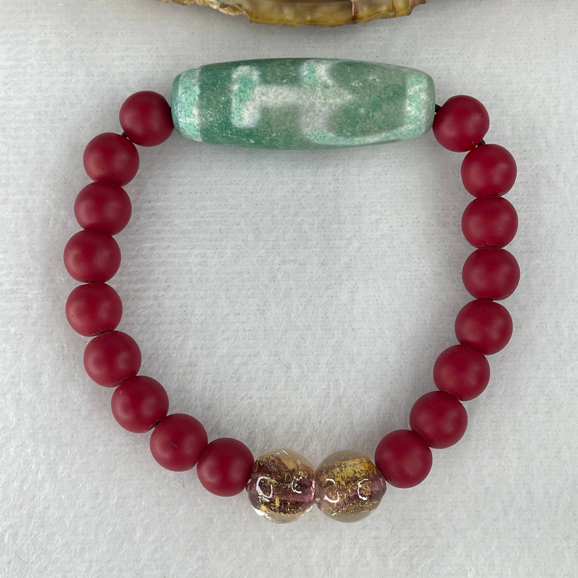Natural Powerful Tibetan Old Oily Agate 2 Nectar Vessel Dzi Bead Heavenly Master (Tian Zhu) 38.1 by 13.2mm with Natural Red Agate Beads Bracelet 24.23g 15cm 8.0mm 17 Beads - Huangs Jadeite and Jewelry Pte Ltd