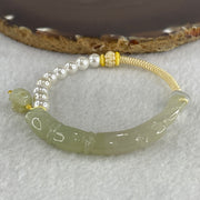 Natural Type A Semi Icy Light Green with Yellowish Jadeite Bamboo with Lotus Charm Bracelet 14.64g 15.5cm 6.18 by 7.5 by 8.2mm - Huangs Jadeite and Jewelry Pte Ltd