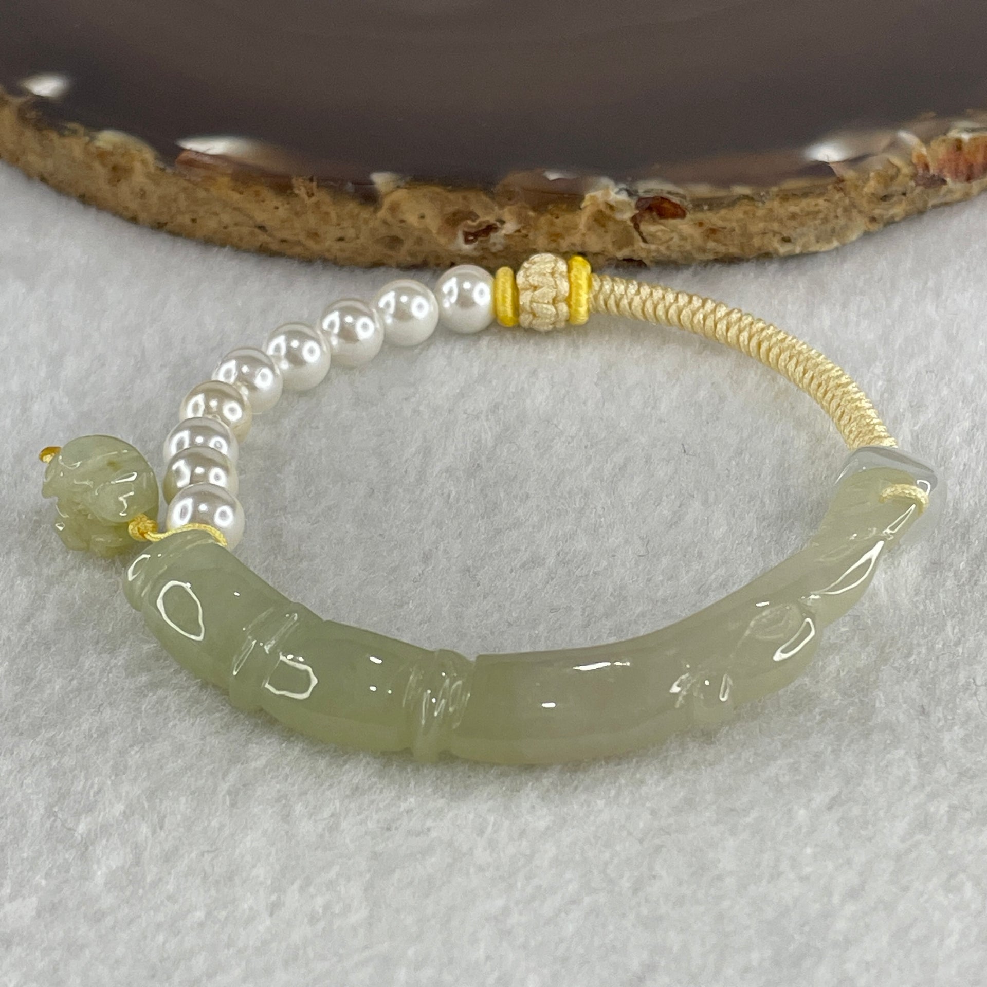 Natural Type A Semi Icy Light Green with Yellowish Jadeite Bamboo with Lotus Charm Bracelet 14.64g 15.5cm 6.18 by 7.5 by 8.2mm - Huangs Jadeite and Jewelry Pte Ltd