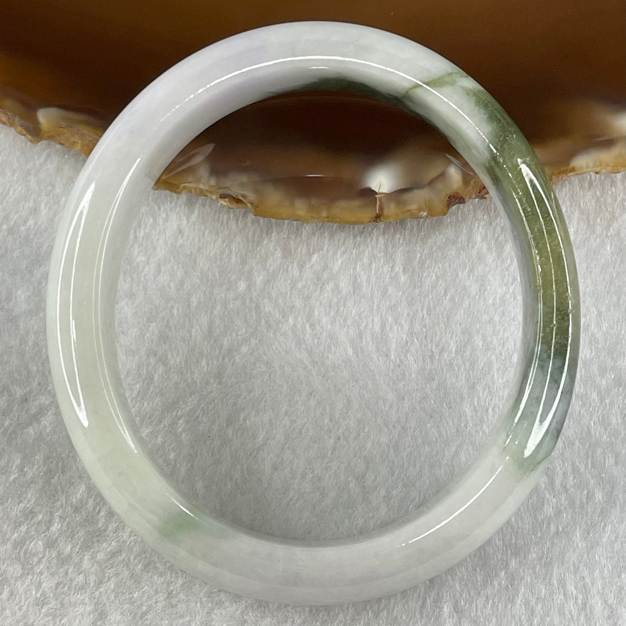 Type A Faint Lavender with Moss Green Patches Jadeite Oval Bangle 43.11g Internal Diameter 53.3mm 13.5 by 6.9mm (Slight External Roughs and Internal Lines) - Huangs Jadeite and Jewelry Pte Ltd