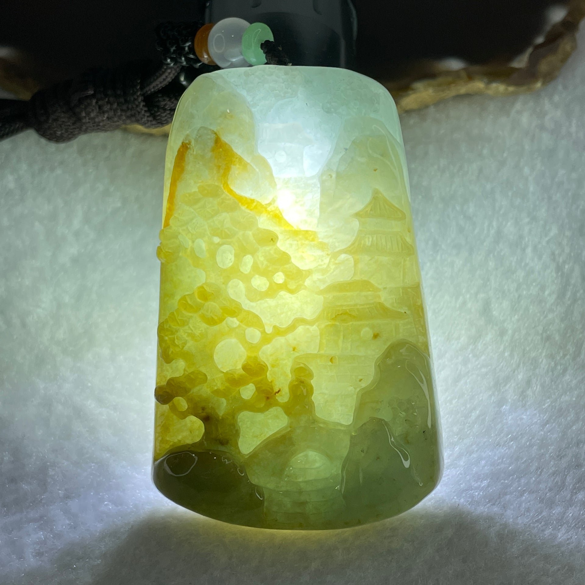 Natural Type A Yellowish Green with Sky Blue Jadeite Shan Shui with Gui Ren Benefactor Pendant 76.29g 67.4 by 43.0 by 12.0mm - Huangs Jadeite and Jewelry Pte Ltd
