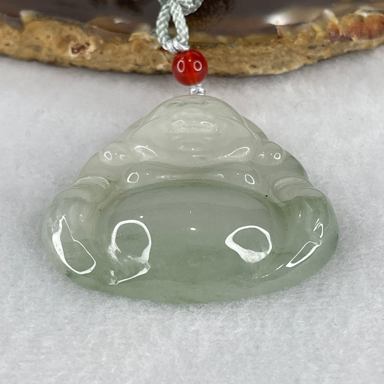 Natural Green with White Patches Quartzite Jade Laughing Milo Buddha Pendant 25.76g 42.0 by 42.5 by 11.0mm