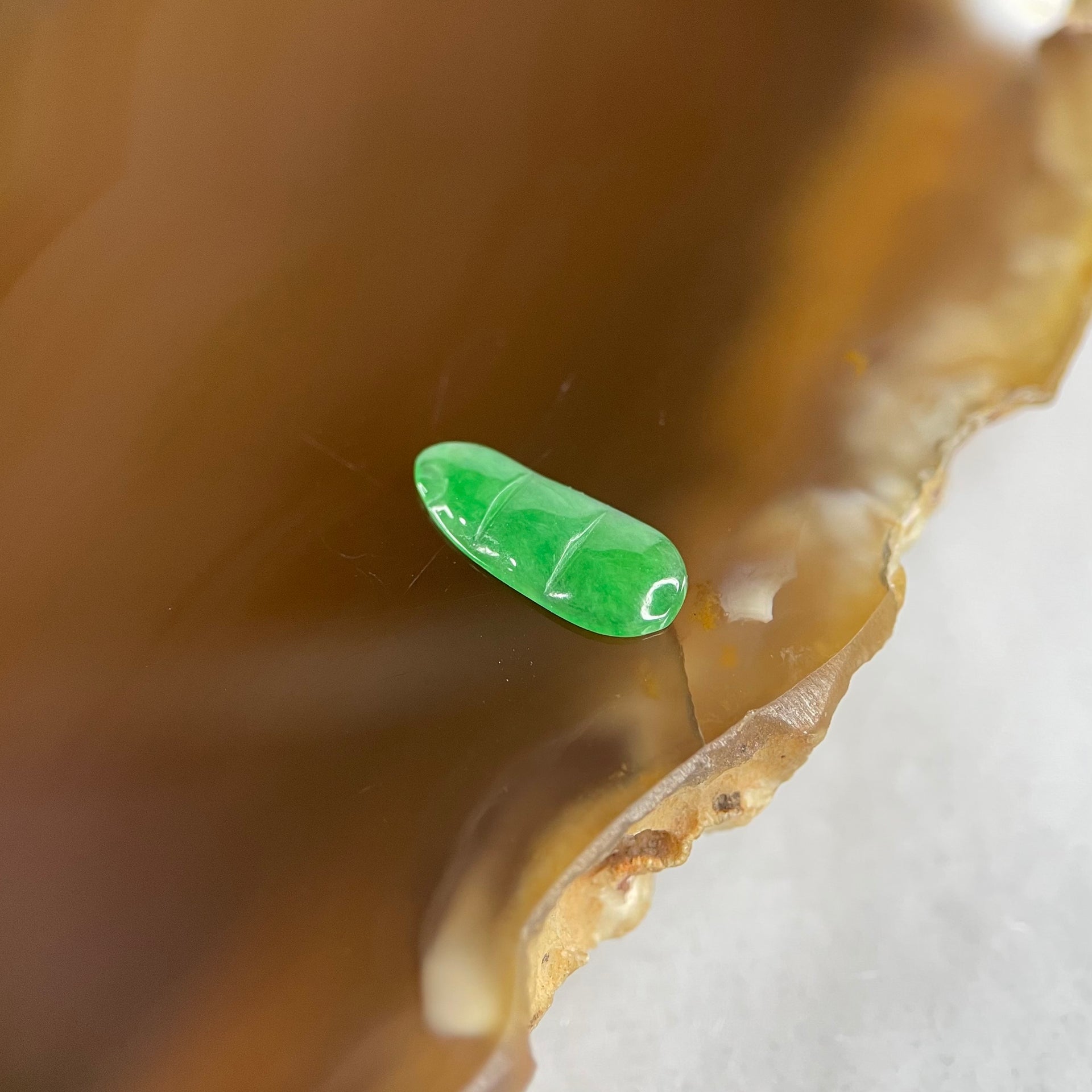 Type A Old Mine Full Green Jadeite Peapod Charm Stone For Setting 0.09g 10.2 by 4.4 by 1.2mm - Huangs Jadeite and Jewelry Pte Ltd