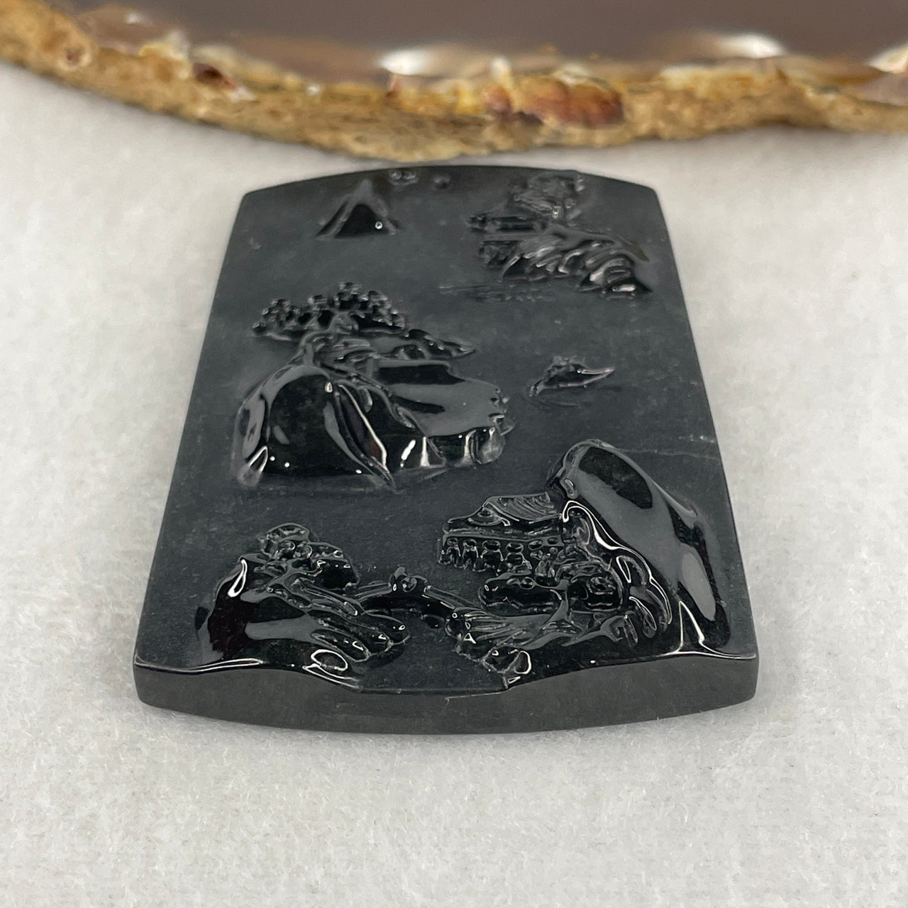 Certified Type A Opaque Black Omphacite Jadeite Shan Shui & Gui Ren Pendant | 62.4mm Natural Black Jade Mountain Water & Benefactor Talisman (25.96g | 62.4 x 43.5 x 8.8mm)
