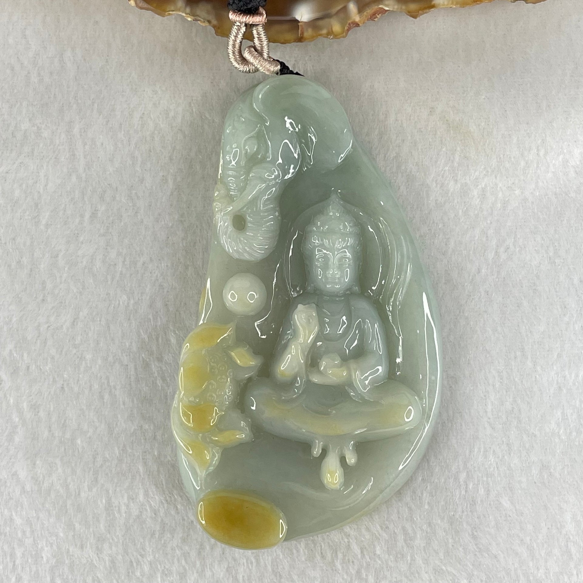 Type A Light Blueish Green with Yellow Jadeite Samantabhadra Bodhisattva Guan Yin on Elephant and Flower Pendant 93.42g 84.3 by 49.0 by 13.2mm - Huangs Jadeite and Jewelry Pte Ltd