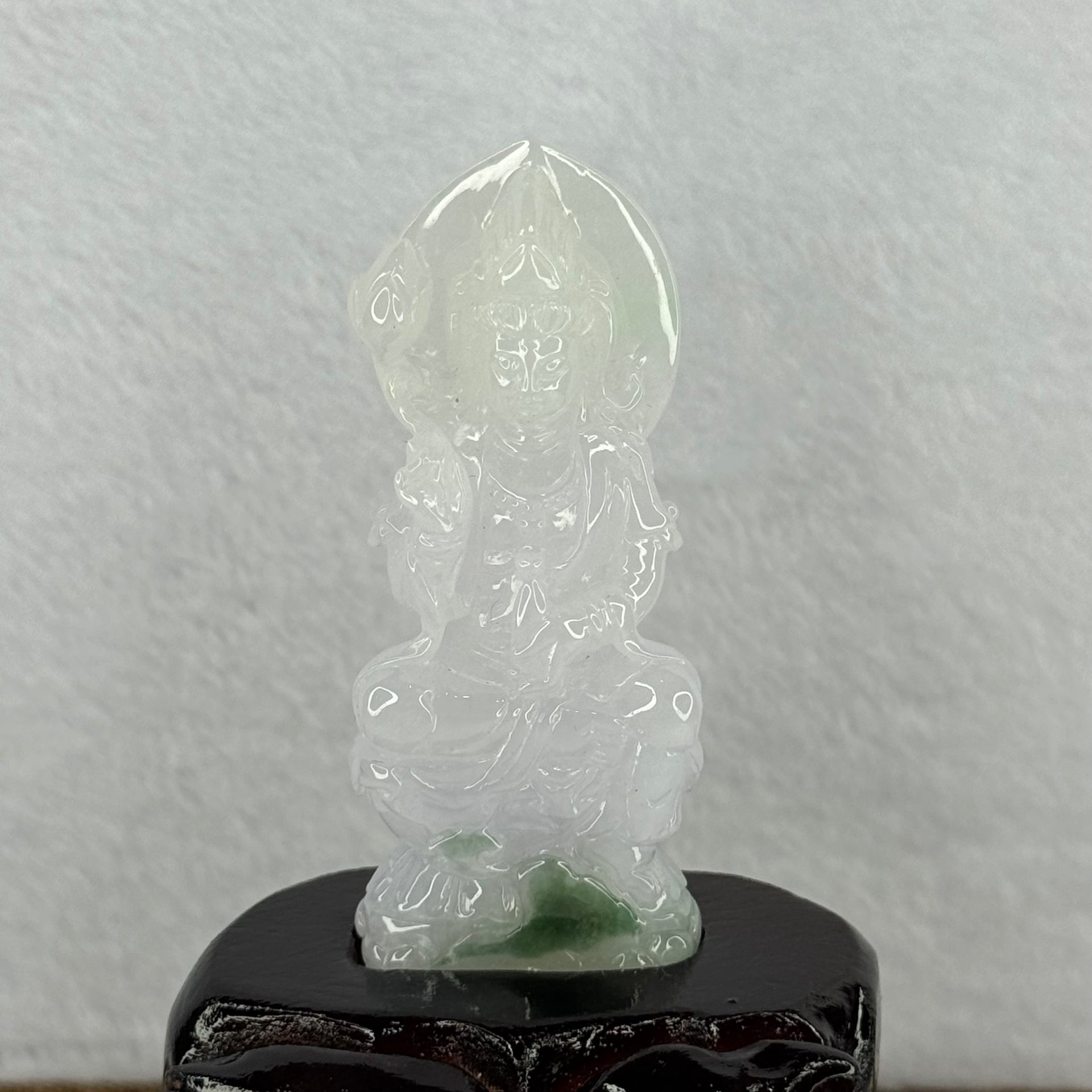 Type A Light Lavender with Green Patches Jadeite Guan Yin Pendent with Wooden Stand 111.55g  111.8 by 58.7 by 46.6mm - Huangs Jadeite and Jewelry Pte Ltd