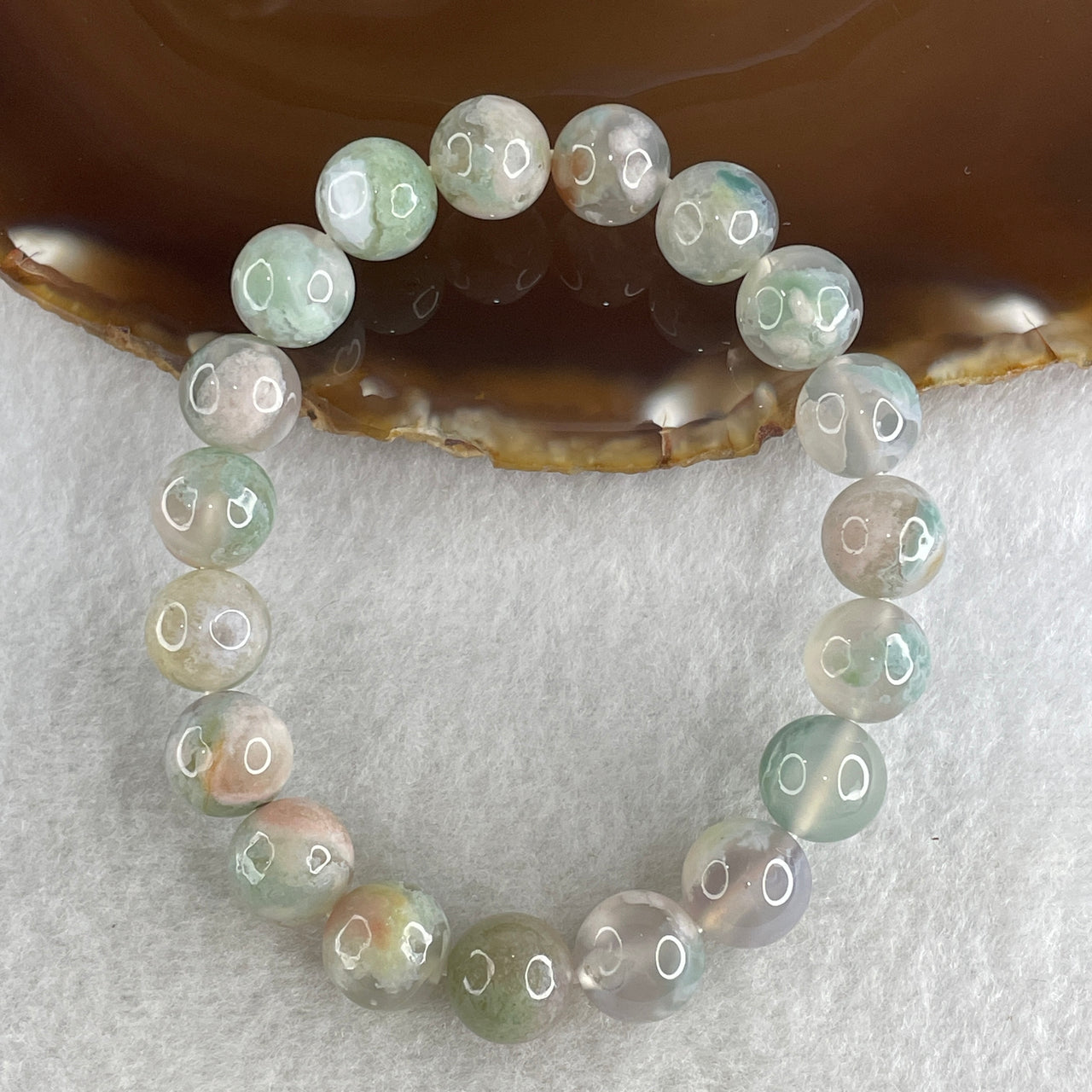Natural Green with Pinkish Flower Agate Beads Bracelet 30.04g 16.5cm 10.8mm 19 Beads - Huangs Jadeite and Jewelry Pte Ltd