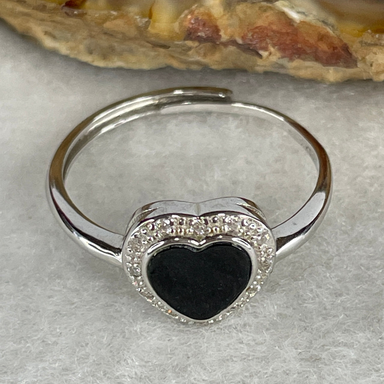 Type A Fully Translucent Black Omphacite Jadeite Heart Ring | Solid S925 Sterling Silver Setting | Adjustable Sizing | "Midnight Romance" Serendipity & Protection Statement Ring (2.04g 7.2x7.0x1.5mm)
