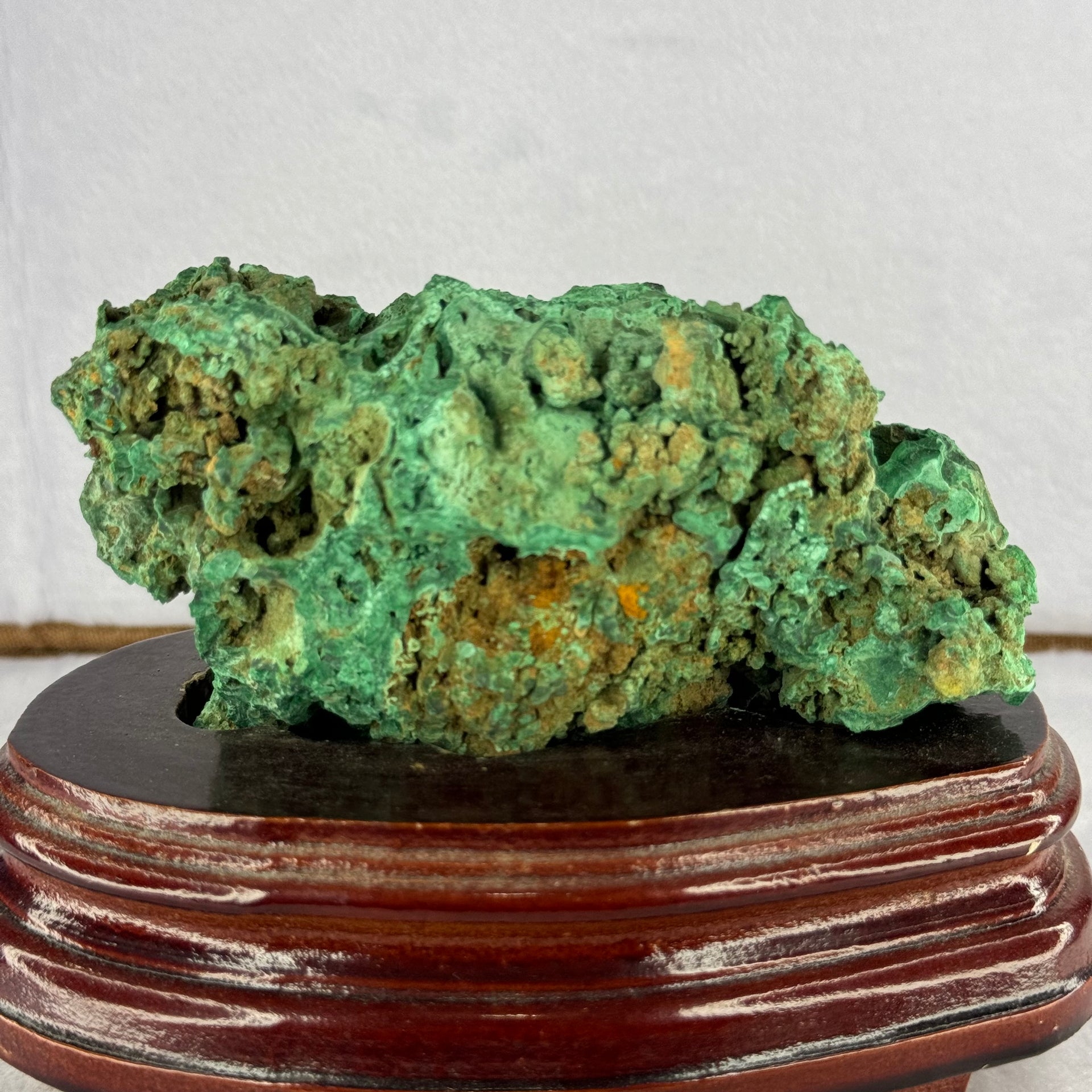 Natural Malachite Raw Stone Specimen Display in Wooden Stand 1,045.7g 160.0 by 114.1 by 12.0mm - Huangs Jadeite and Jewelry Pte Ltd