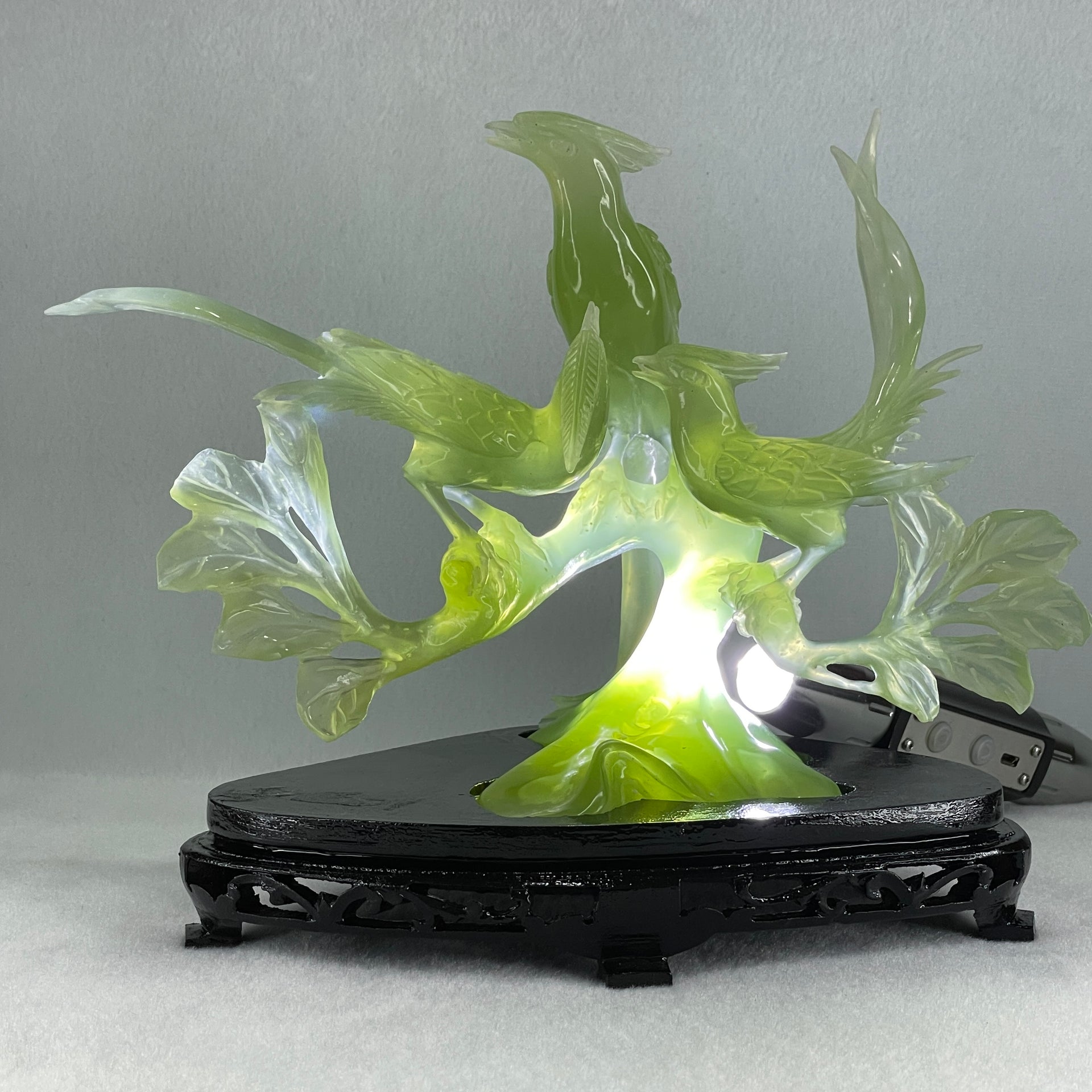 Natural Semi Icy Green Serpentine 3 Phoenix on Tree with Wooden Stand Display 705.1g 242.0 by 140.0 by 195.0mm - Huangs Jadeite and Jewelry Pte Ltd