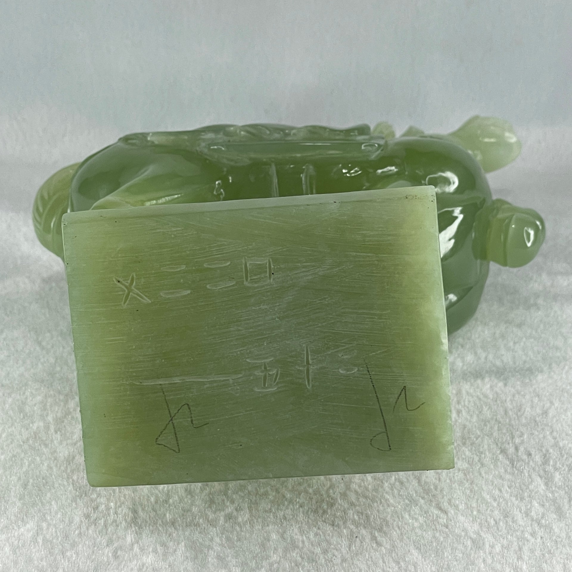 Natural Green Serpentine Horse with Wooden Stand Display 1640.4g 155.1 by 94.8 by 260.0mm - Huangs Jadeite and Jewelry Pte Ltd