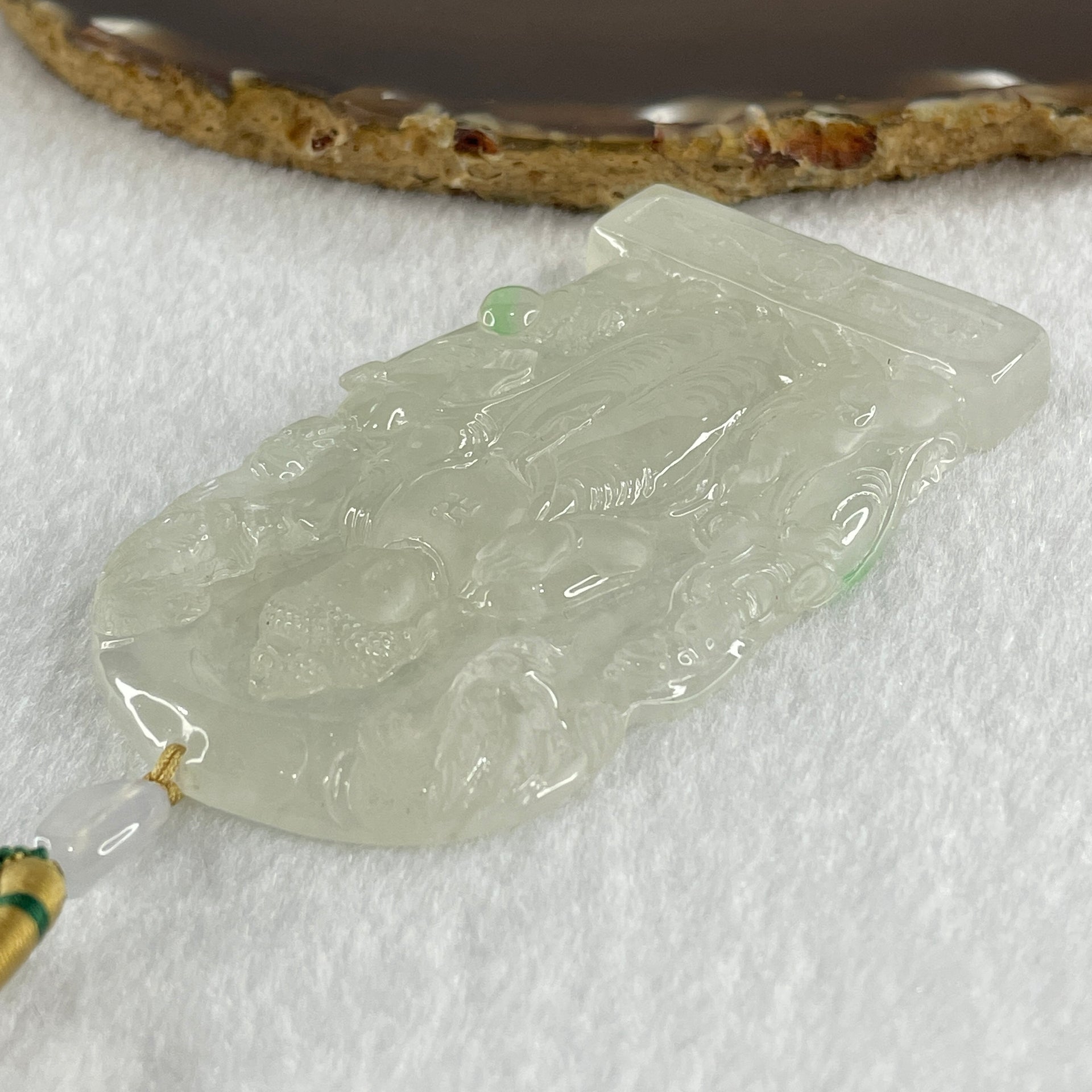 Rare Type A Icy White to Colorless with Green Spot Jadeite Amitabha Buddha with Buddha Double Side and Double Dragon and Elephants Pendant 68.88g 80.5 by 46.3 by 7.9mm - Huangs Jadeite and Jewelry Pte Ltd