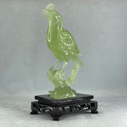 Natural Green Serpentine Javan Mynah Birds on Tree with Wooden Stand Display 375.6g 112.0 by 188.0 by 66.0mm - Huangs Jadeite and Jewelry Pte Ltd