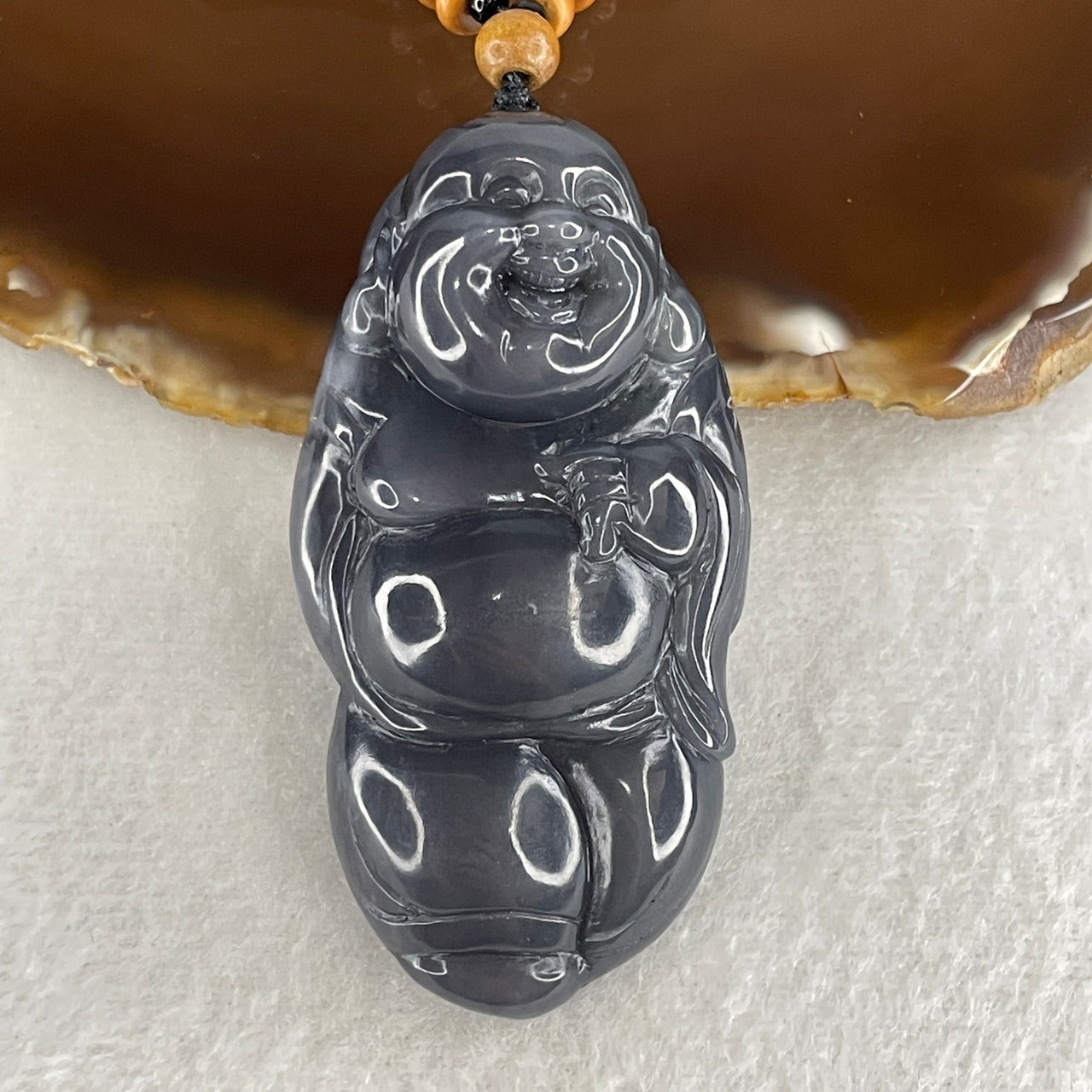 Certified Natural Nephrite Buddha Pendant 60.30g - 62.6x32.4x16.0mm - Purplish Grey Standing Milo Buddha Handplay - Grade A Untreated Nephrite