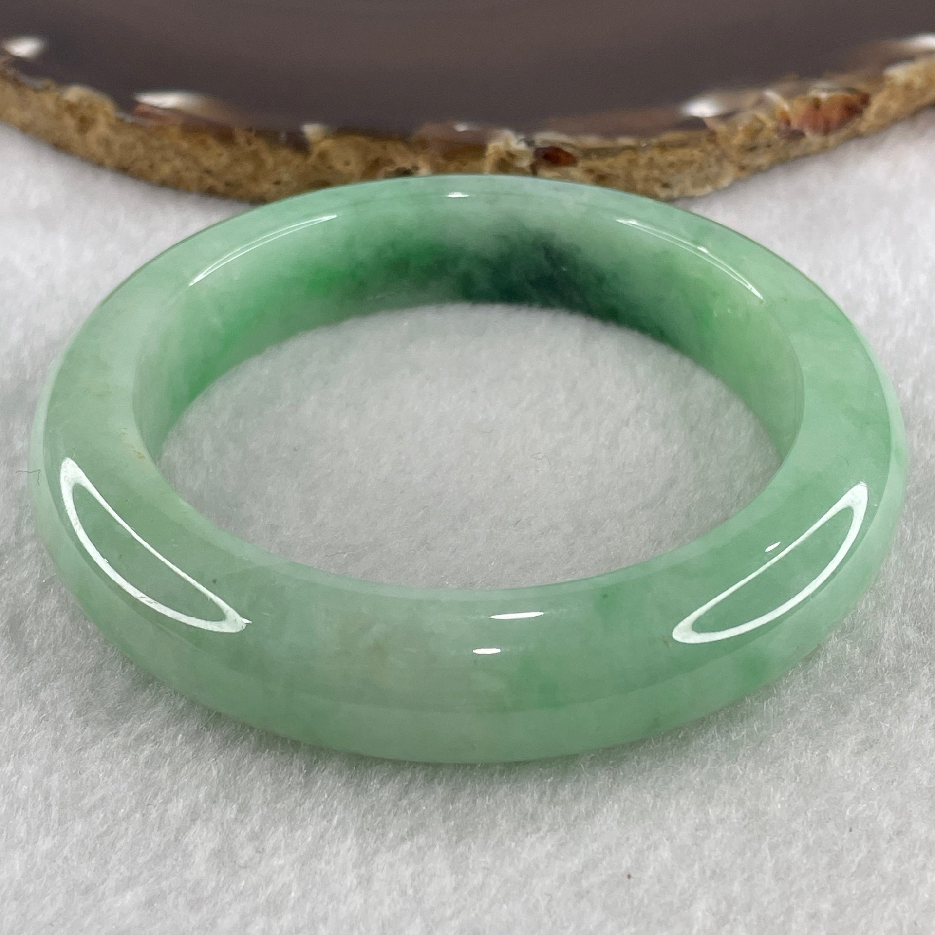 Certified Natural Type A Light Apple Green with Emerald Green Fluorite Piao Hua Jadeite Bangle 75.87g Internal Diameter 58.0mm 13.5 by 10.0mm ( Slight Internal Line) - Huangs Jadeite and Jewelry Pte Ltd