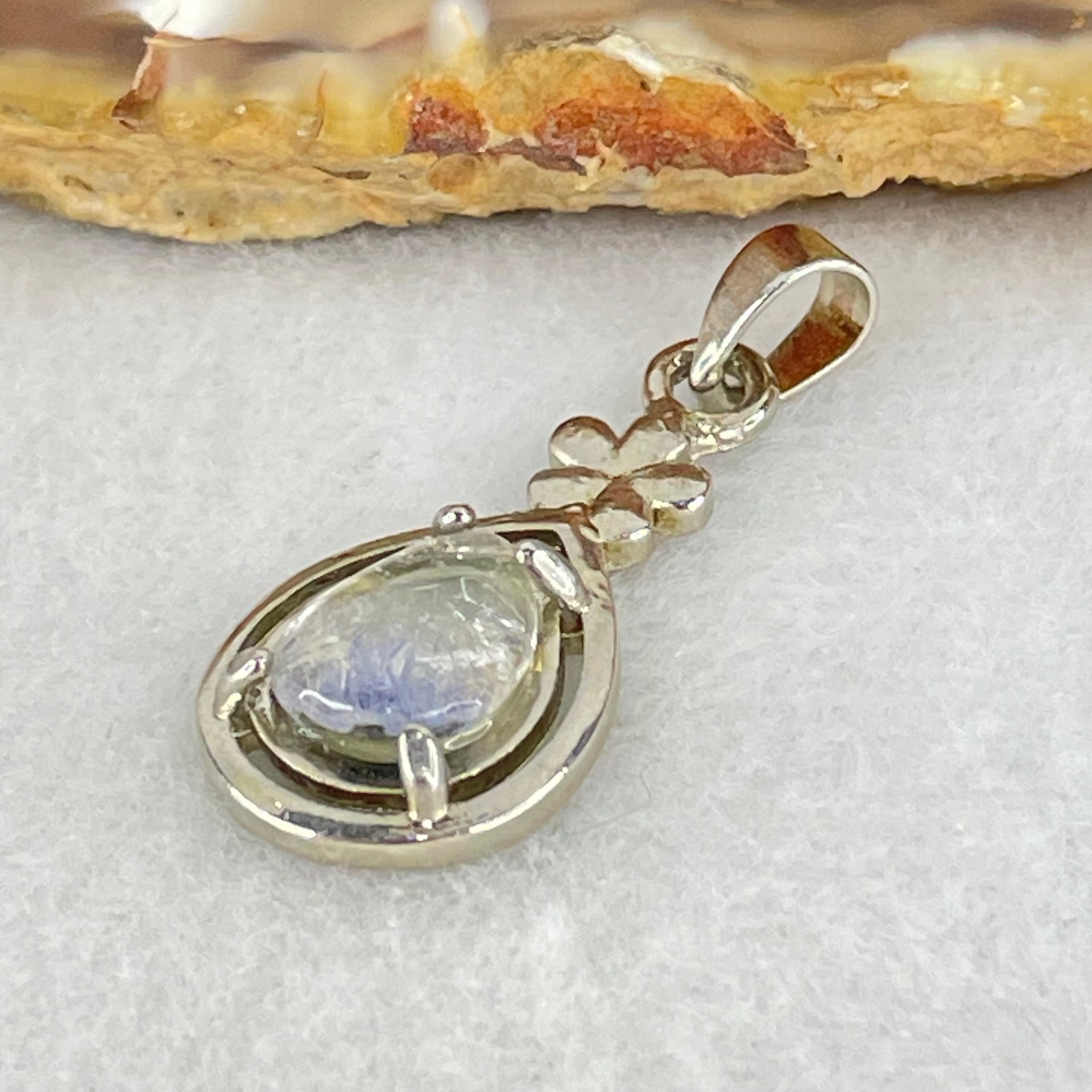 Good Grade Rare Natural Blue Dumortierite Rutilated Quartz in S925 Pendant 2.08g 9.5 by 7.2 by 3.0mm - Huangs Jadeite and Jewelry Pte Ltd