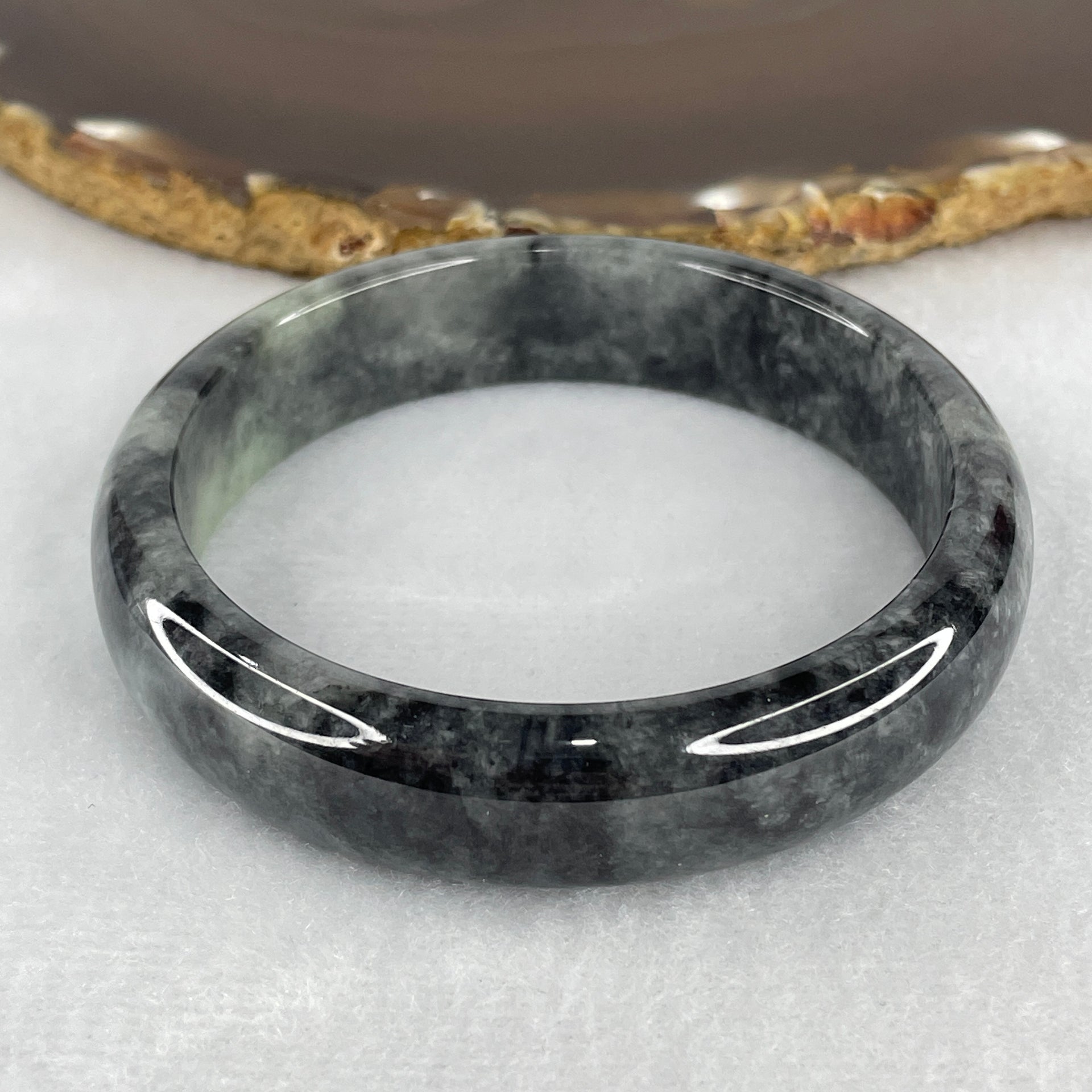 Certified Natural Type A Wuji Grey with Light Green Spot Jadeite Bangle 53.527g Internal Diameter 57.7mm 14.2 by 7.4mm (Very Slight Internal Lines) - Huangs Jadeite and Jewelry Pte Ltd