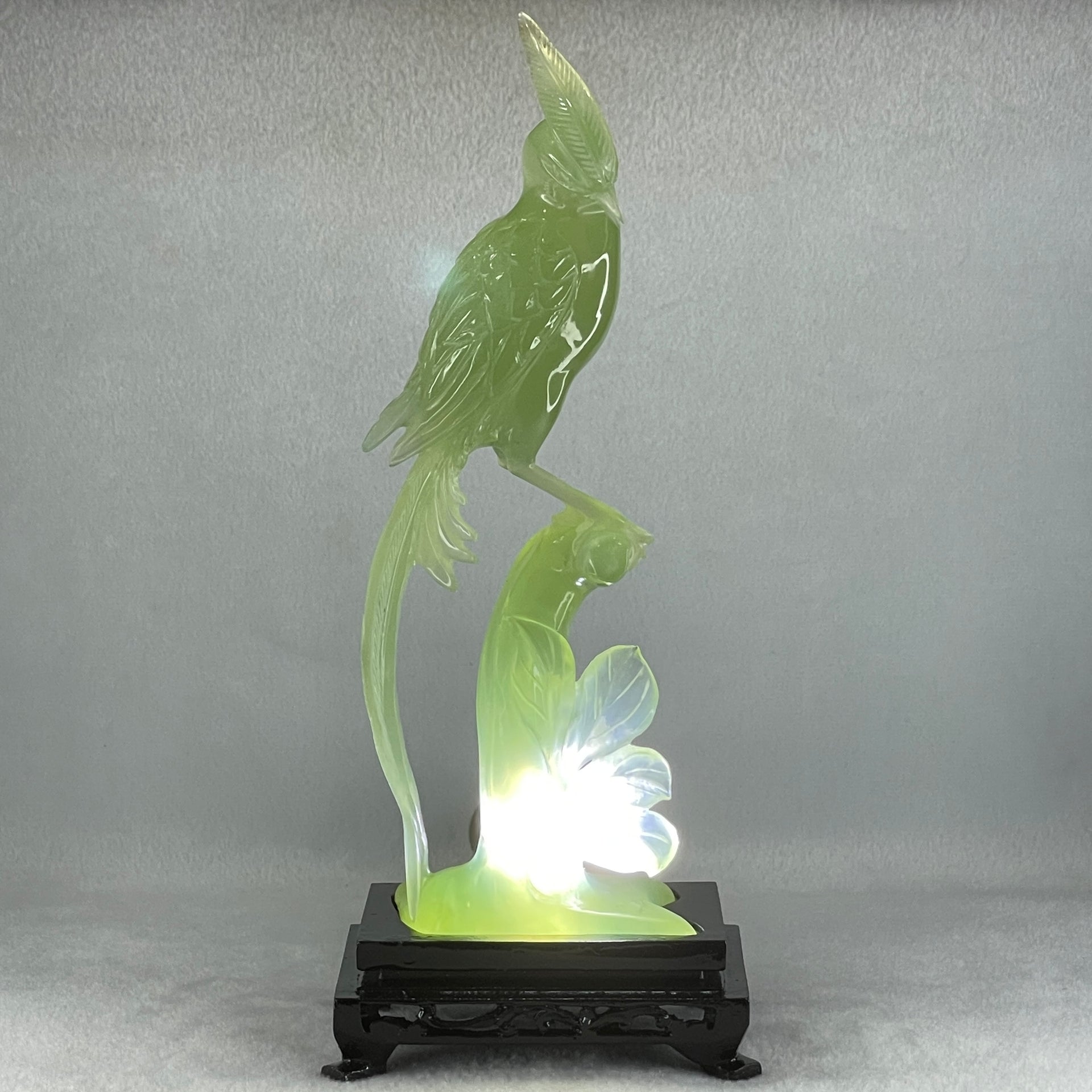 Natural Green Serpentine Phoenix on Tree with Wooden Stand Display 507.8g 114.0 by 265.0 by 84.0mm - Huangs Jadeite and Jewelry Pte Ltd