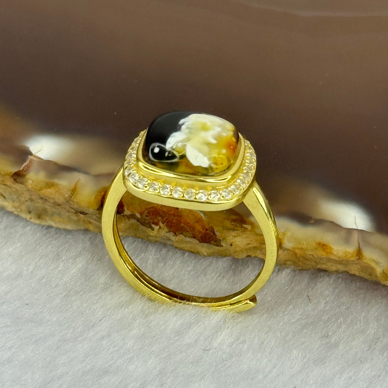 Natural Green Amber with Milk and Yellow Inclusions in S925 Sliver Gold Color Ring (Adjustable Size) 2.74g 9.0 by 3.0mm - Huangs Jadeite and Jewelry Pte Ltd