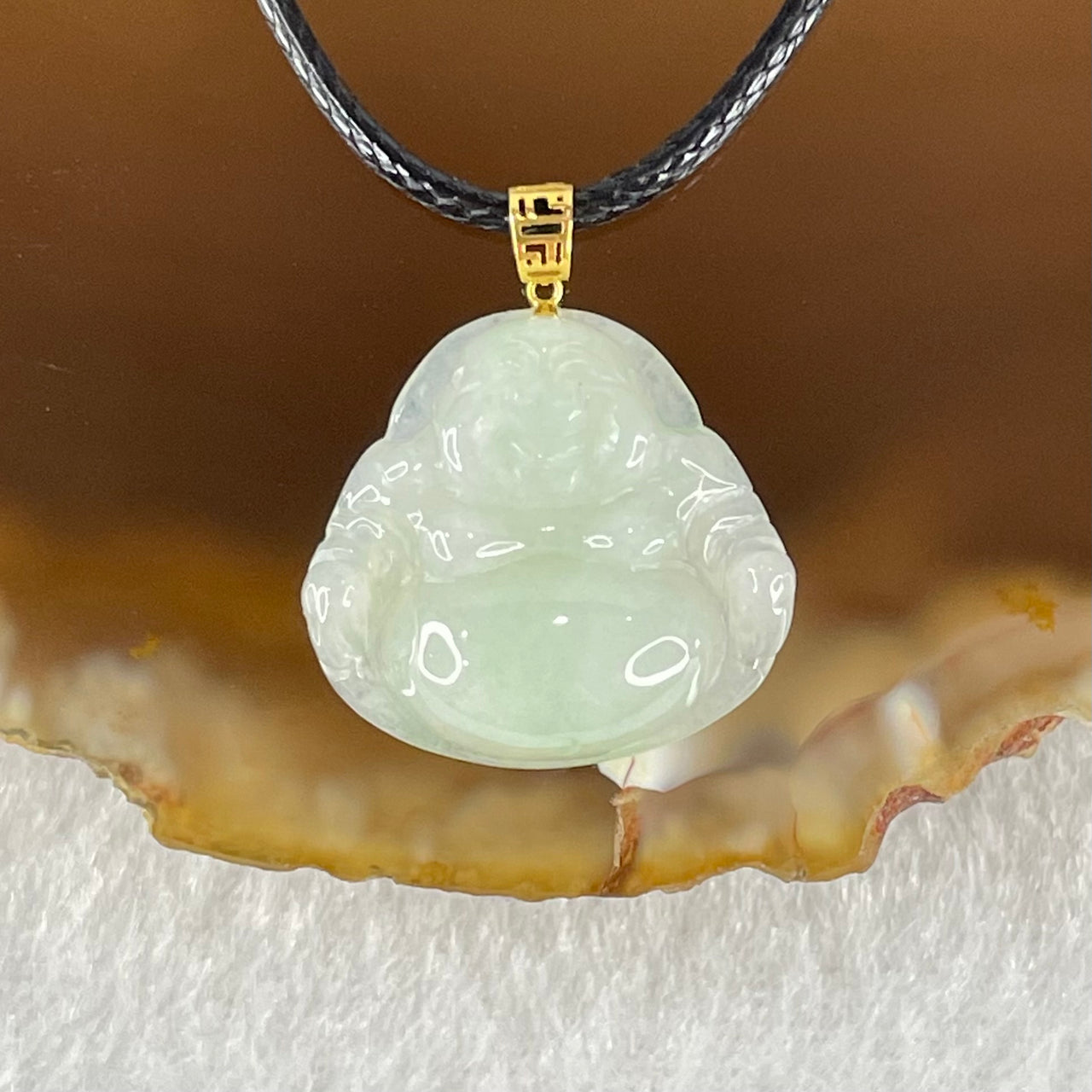 Type A Faint Lavender Green Jadeite Milo Buddha in 18K Gold Pendant with String Necklace 2.57g 15.1 by 16.1 by 4.9mm - Huangs Jadeite and Jewelry Pte Ltd