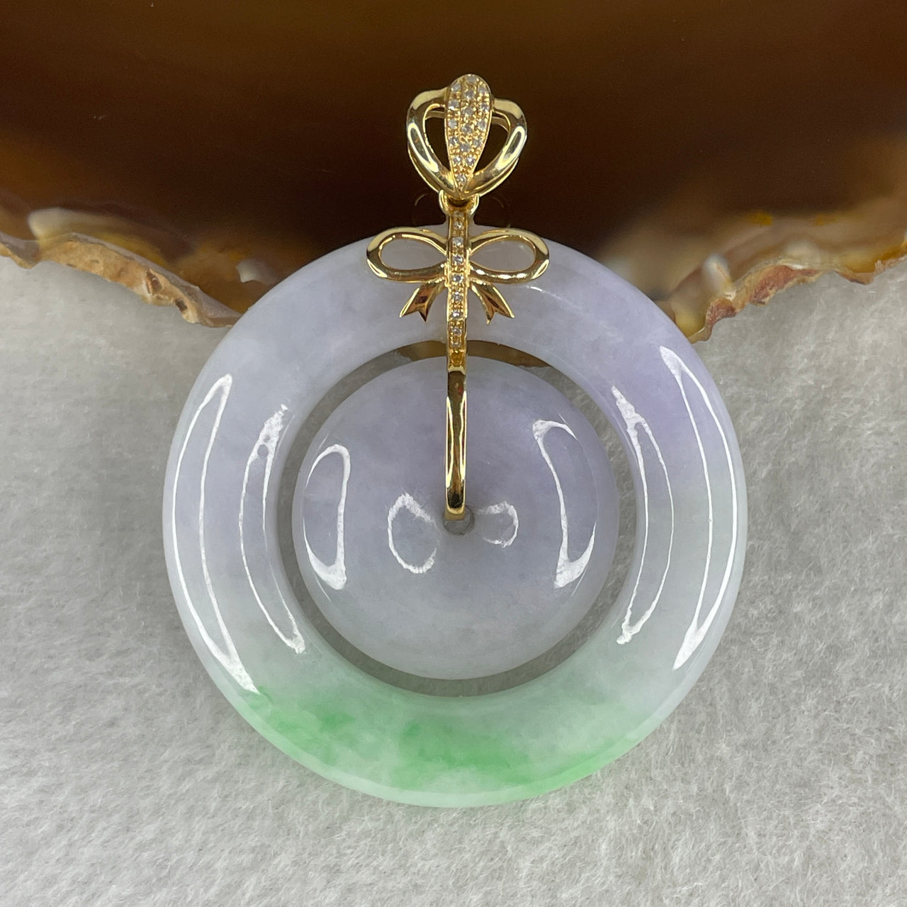 Natural Type A Jadeite Double Ping An Kou Pendant with Diamonds in 18K Rose Gold | Conjoined Lavender & Vibrant Emerald Green Safety Donut Interlocking Masterpiece (24.48g 42.6x6.3mm and 23.5x6.3mm)
