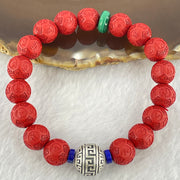 Natural Red Cinnabar Beads Bracelet with Om Mani Padme Hum Mantra Carving 38.10g 16.5cm 10.5mm 17 Beads - Huangs Jadeite and Jewelry Pte Ltd
