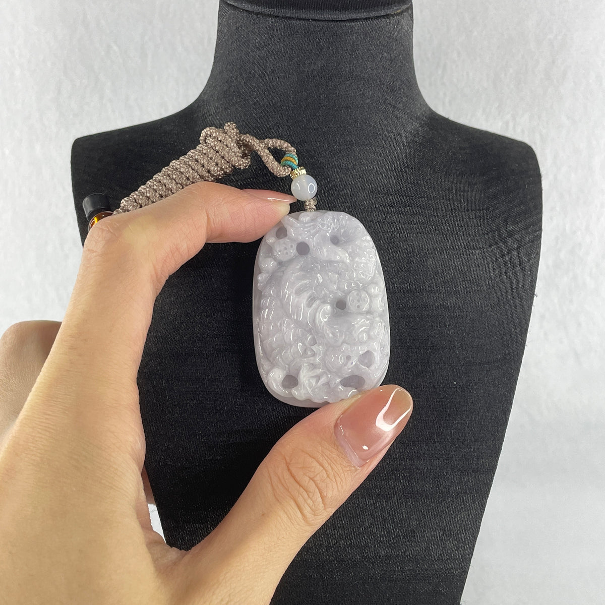 Natural Type A Lavender Jadeite Dragon Carp with Lotus Pendant | Transformation, Academic & Career Success Talisman (37.83g | 47.3 x 32.2 x 12.1mm) - Huangs Jadeite and Jewelry Pte Ltd