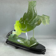 Natural Semi Icy Green Serpentine Victory Horse with Wooden Stand Display 2,644.2g 270.0 by 96.0 by 260.0mm - Huangs Jadeite and Jewelry Pte Ltd
