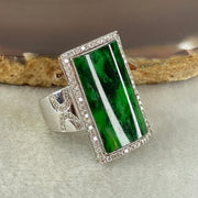 Natural Type A Translucent Old Mine Spicy Green with Dark Green Veins Piao Hua Burma Myanmar Jadeite approx. 24.14 by 13.50 by 1.55mm in 18K White Gold and Natural Diamonds Ring 13.59g (67.93cts) US7.4 HK16.5 BIG Cert. B013415 - Huangs Jadeite and Jewelry Pte Ltd