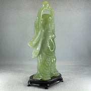 Natural Green Serpentine Stand Laughing Milo Buddha with Wealth Pot with Wooden Stand Display 1,599.3g 140.0 by 90.0 by 270.0mm - Huangs Jadeite and Jewelry Pte Ltd