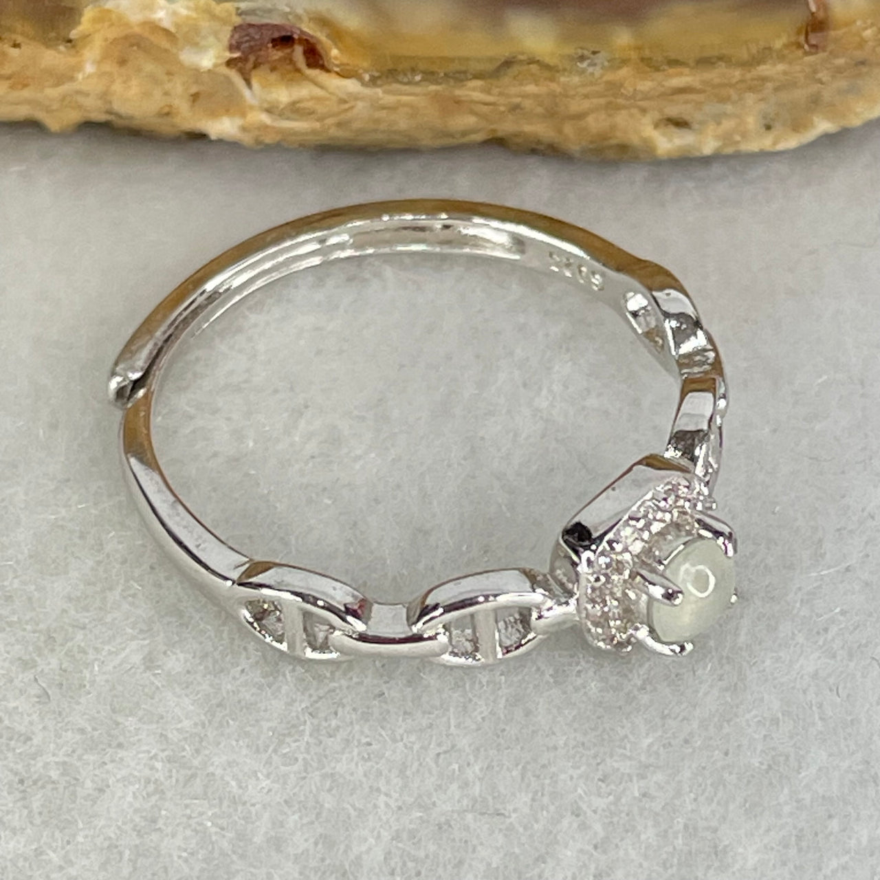 Type A Semi Icy Light Lavender Cabochon Jadeite in S925 Sliver Ring (Adjustable Size) 1.33g 3.6 by 2.0mm - Huangs Jadeite and Jewelry Pte Ltd