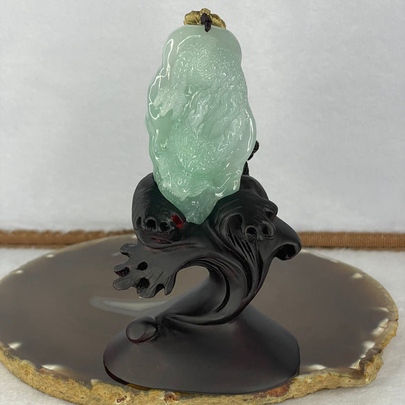 Grand Master Type A Jelly Intense Deep Sky Blue Jadeite Dragon Pendant Display 64.94g 67.0 by 35.1 by 20.2mm with Wooden Stand - Huangs Jadeite and Jewelry Pte Ltd