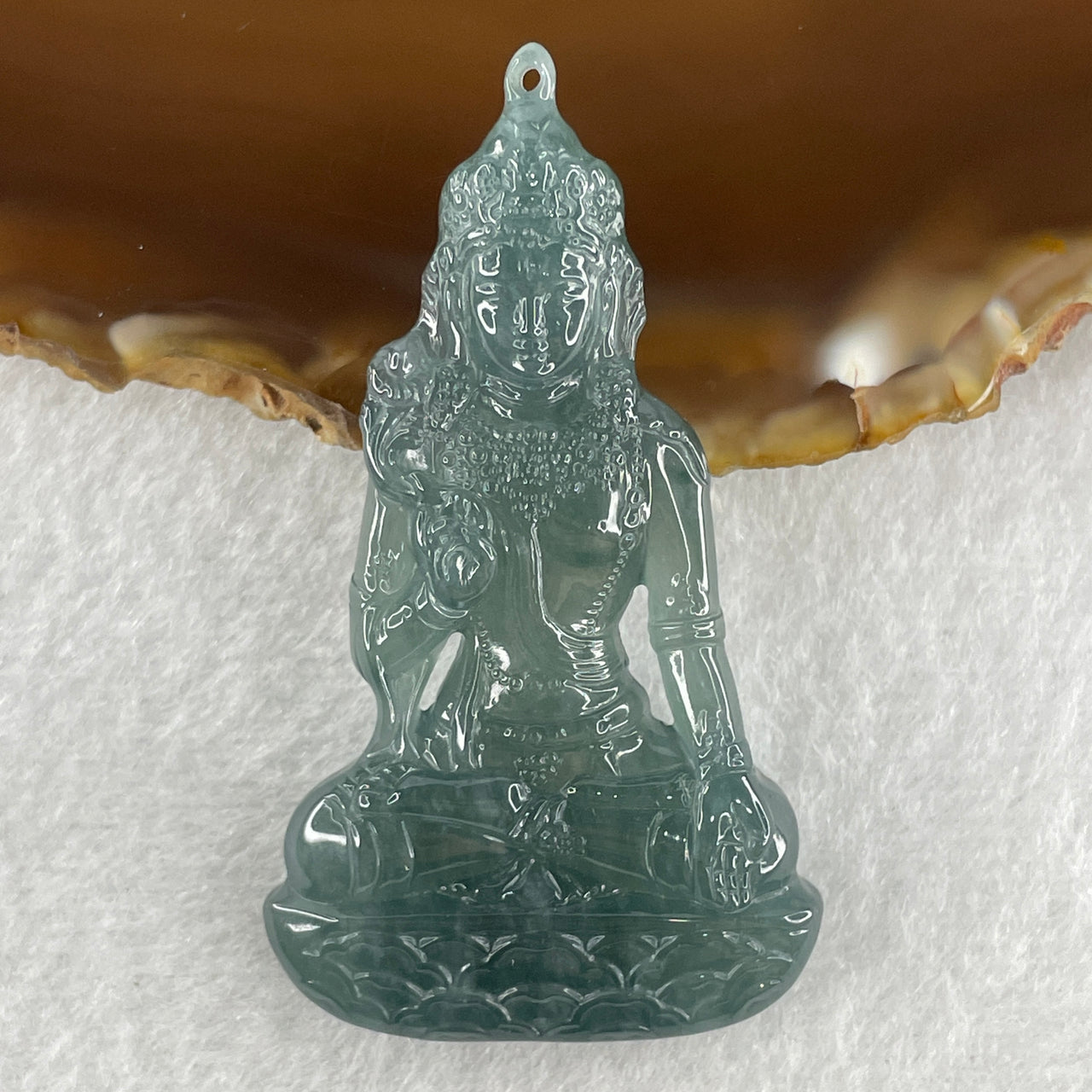 Natural Type A Semi Icy Blueish Green Jadeite Tara Guanyin Pendant 16.9g 56.7 by 32.4 by 6.5mm