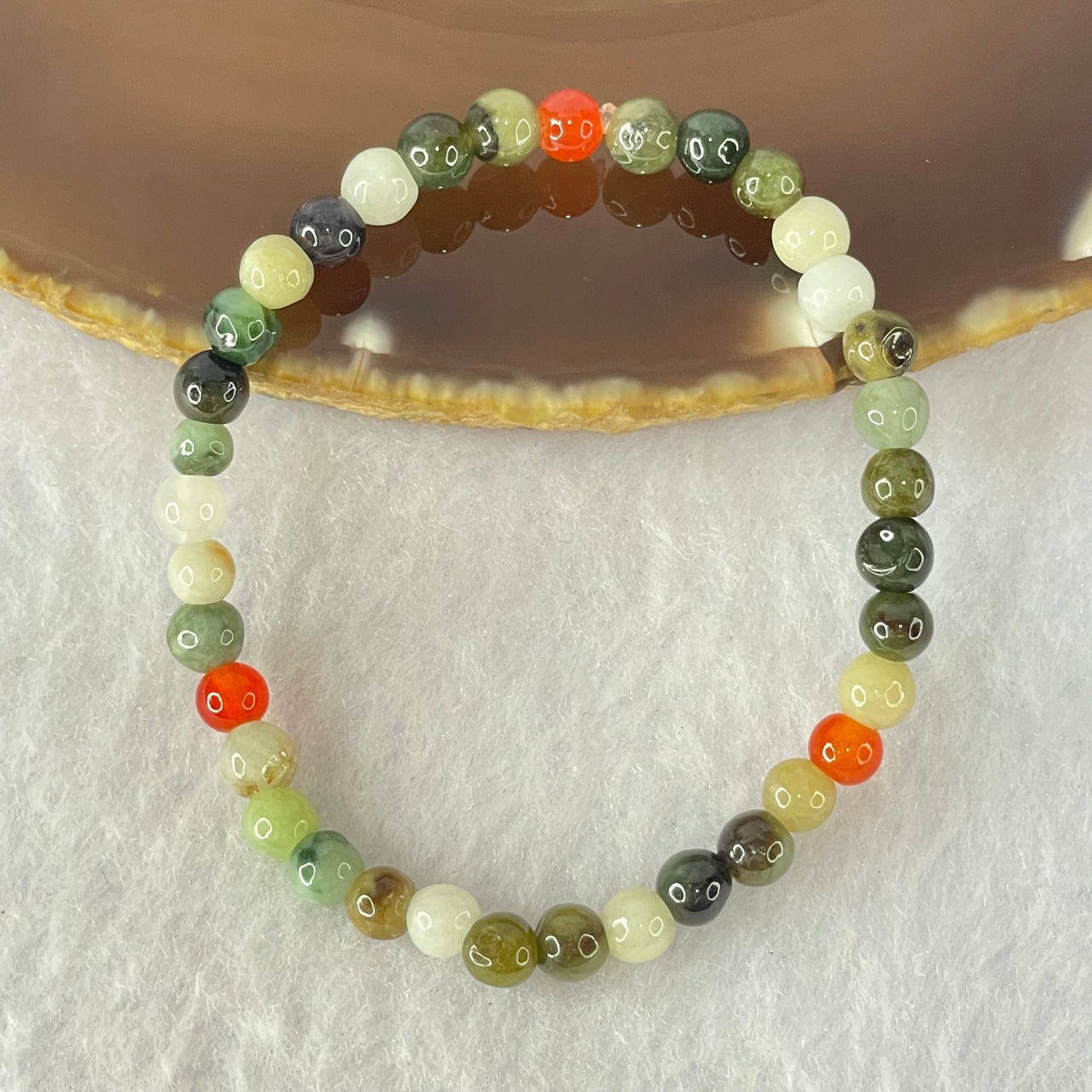 Type A Mixed Color Jadeite and Red Agate Beads Bracelet 6.32g 13.5cm 5.2mm 36 Beads - Huangs Jadeite and Jewelry Pte Ltd