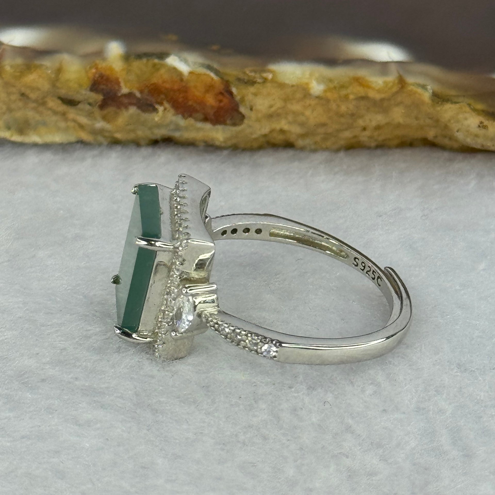 Type A Icy Blueish Green Jadeite with Crystals in S925 Sliver Ring (Adjustable Size) 2.95g 10.1 by 7.6 by 2.0mm - Huangs Jadeite and Jewelry Pte Ltd